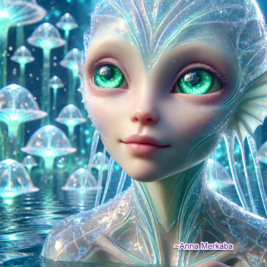 Quariniculoid female alien from Camelopardalis system.An alien-like being with translucent skin, large blue eyes, and glowing energy at the heart center in a serene, jellyfish-filled realm