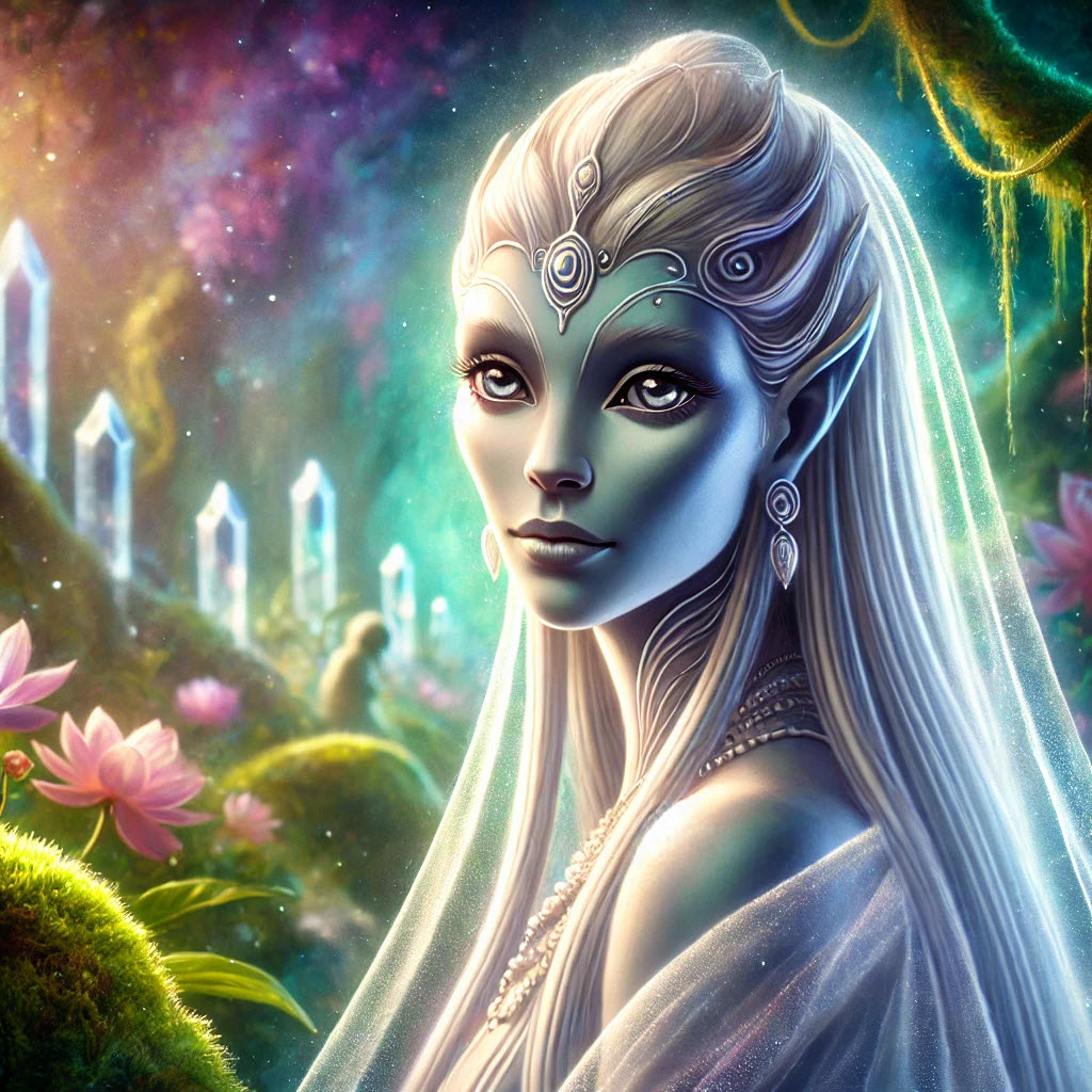 An ethereal female figure of lemurian origin with serene features in a mystical, glowing landscape surrounded by crystals and flowers