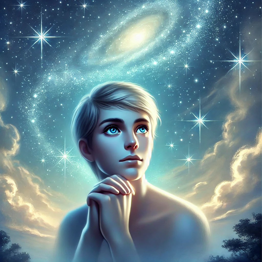 A young person with blue-green eyes contemplating the stars, representing peaceful reflection and cosmic connection