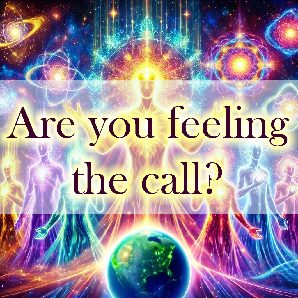 Lightworkers as cosmic masters connected to Gaia, with vibrant energy patterns and Archangel Metatron’s Cube symbolizing divine guidance. 3D spiritual-themed image with radiant figures of light, representing spiritual ascension and Earth connection.