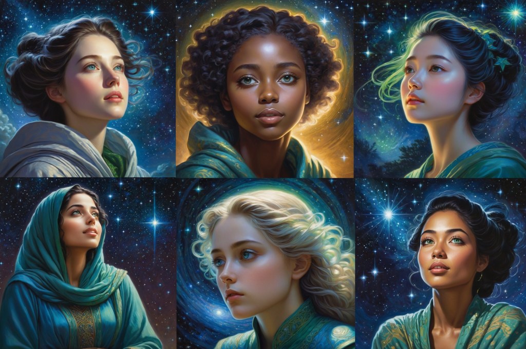 A group of women with diverse backgrounds, gazing at the stars, reflecting unity and cosmic serenity under a star-filled sky