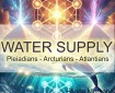 Water Supply - Pyramids and sacred geometry above a dolphin swimming in the ocean, with cosmic symbols and the title 'Water Supply: Pleiadians - Arcturians - Atlantians,' by Anna Merkaba.